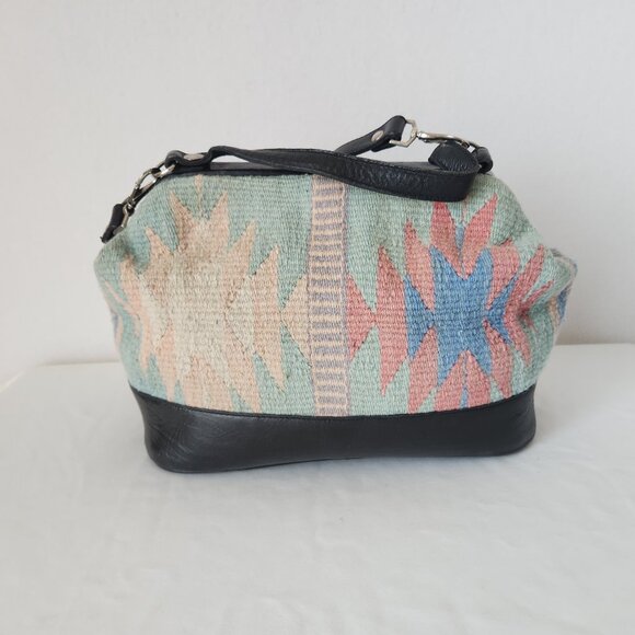 Vintage Mexican Handcraft Leather Woven-Wool Carpet Southwest Satchel Handbag - Picture 7 of 16